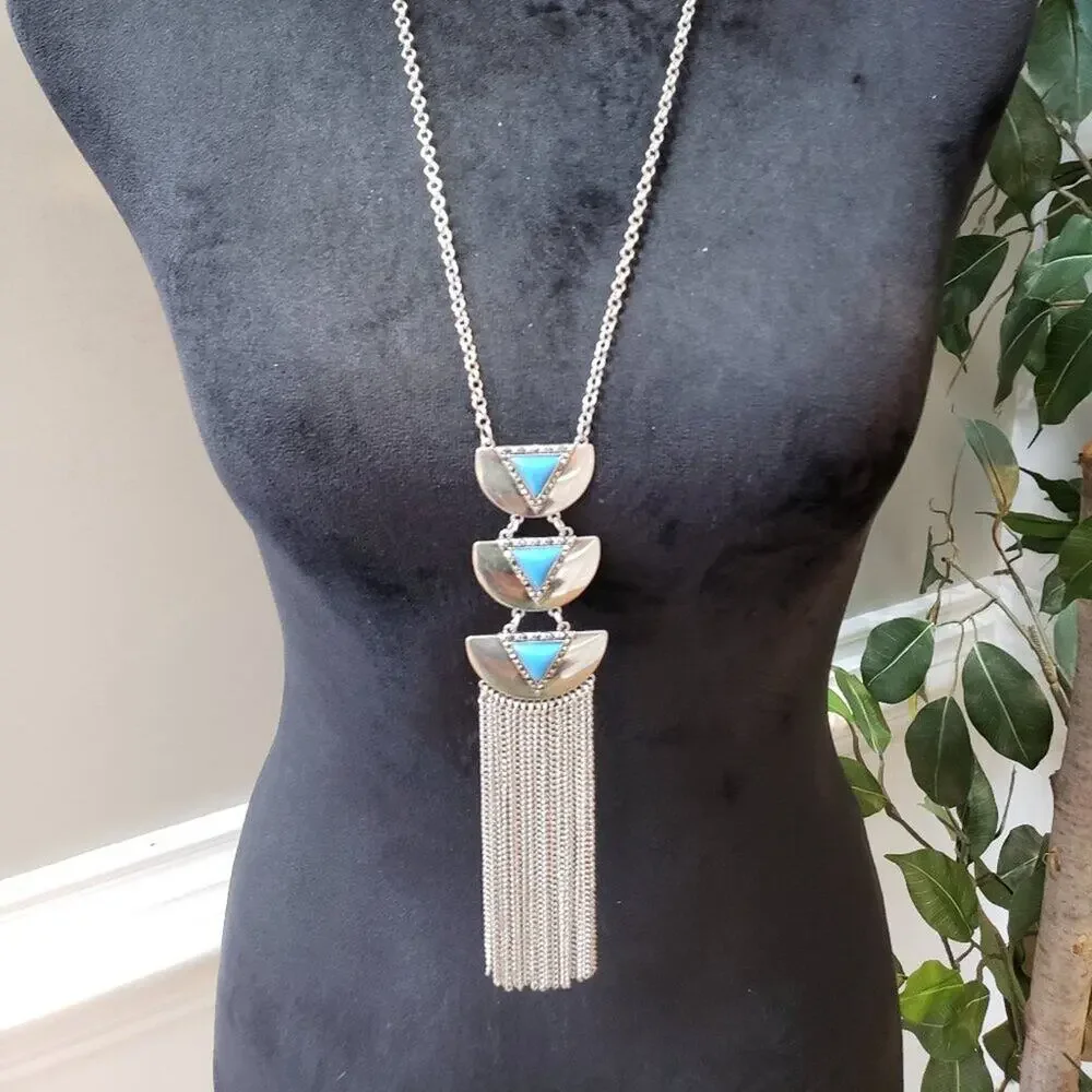 Womens Fashion Periwinkle Blue & Silver Tassel Necklace Jewelry w/ Lobster Clasp - Picture 2 of 7